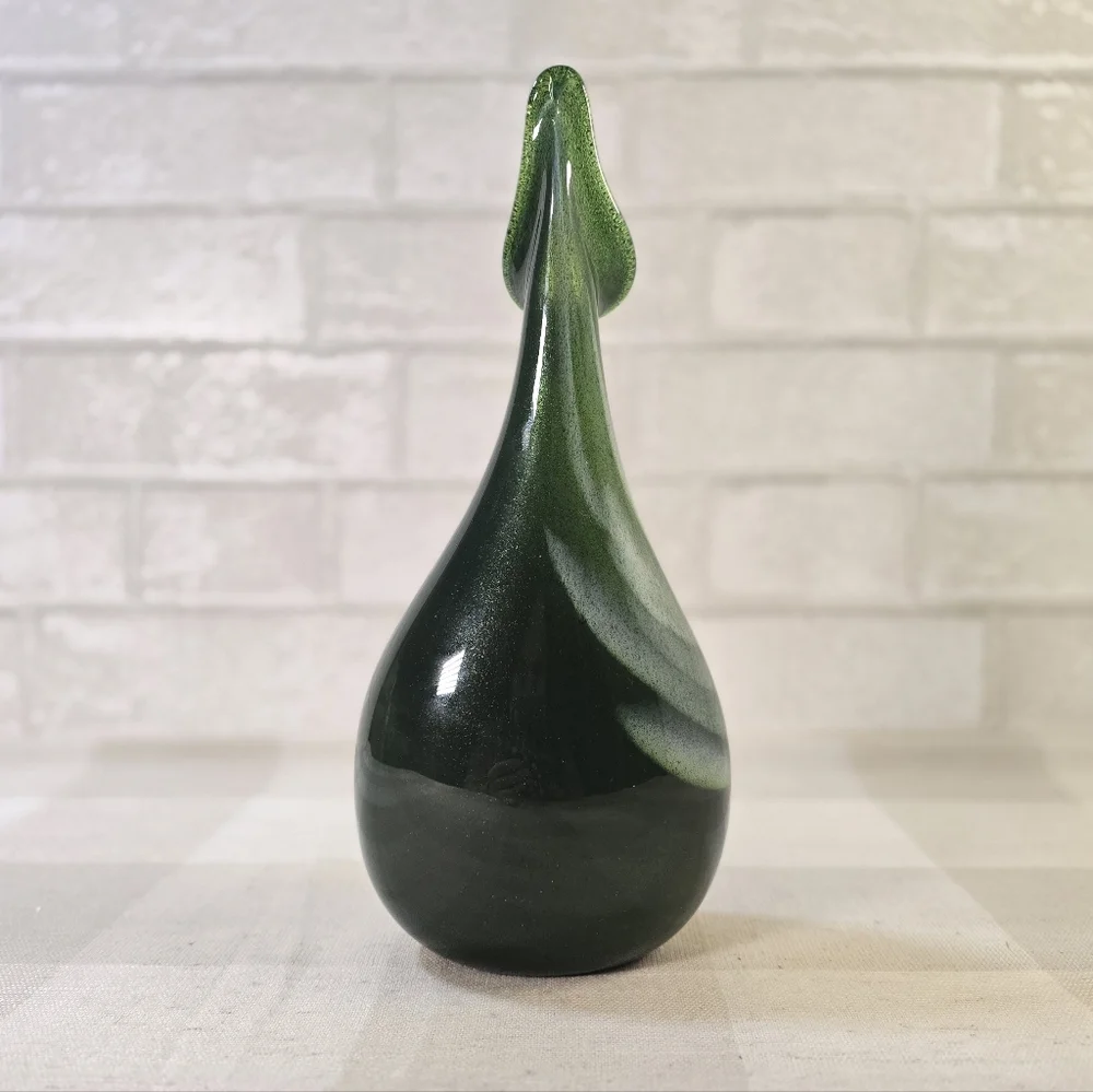 Hand Blown Teardrop Shaped Art Glass Vase Green Iridescent 10.5